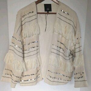 River Island Beaded Tassel & Sequin Open Jacket Women's Medium Boho Top Cream